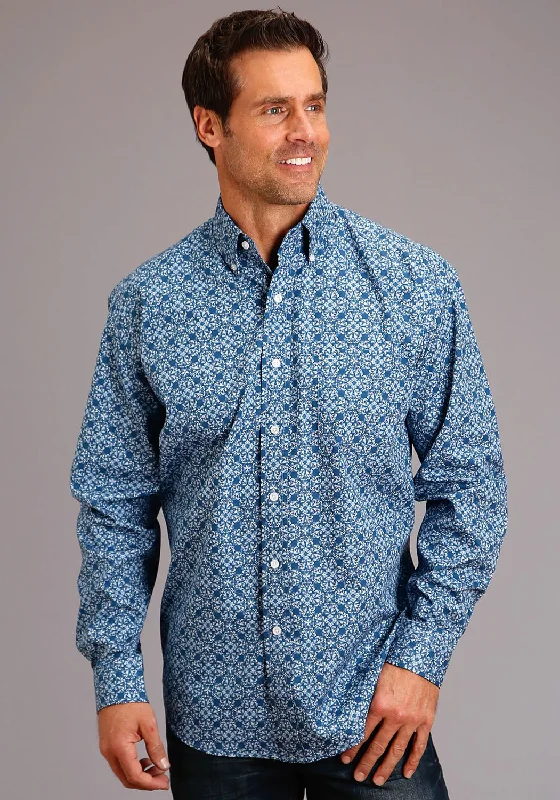 Stetson Mens Blue 100% Cotton Baroque BD L/S 1 Pocket Shirt Casual Formal Business