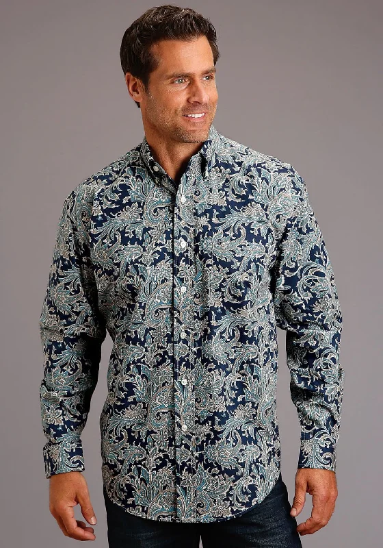 Stetson Mens Blue 100% Cotton Deep Marine Paisley BD L/S 1 Pocket Shirt Handmade Hand-knitted Hand-woven Stetson Mens Blue 100% Cotton Deep Marine Paisley BD L/S 1 Pocket Shirt Handmade Hand-knitted Hand-woven