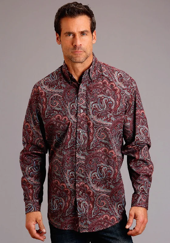 Stetson Mens Wine 100% Cotton Sandstone Paisley BD L/S 1 Pocket Shirt Boxy Fit Fitted Loose
