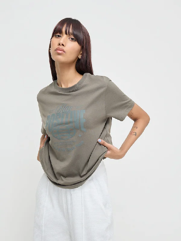 Studiofit Olive Text-Printed Cotton T-Shirt Polka Dot Checkered Tartan