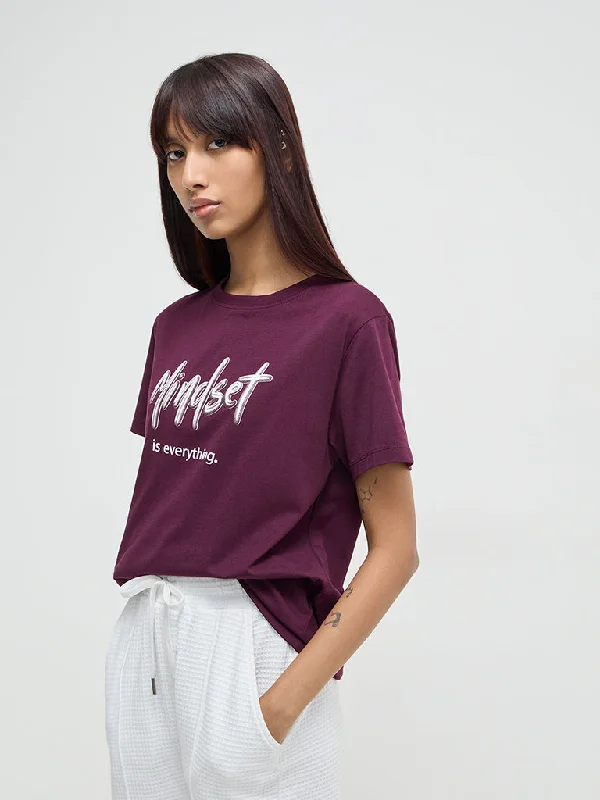 Studiofit Wine Text Printed Cotton T-Shirt Real Fur Shearling Chenille