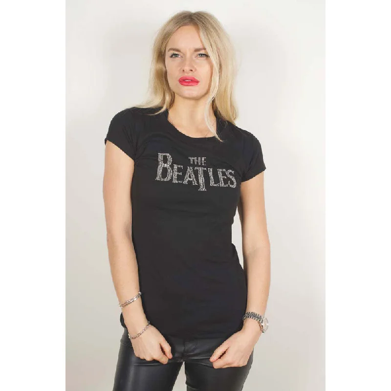 The Beatles Drop T Logo Ladies Diamante T-Shirt Print Jacquard Patchwork