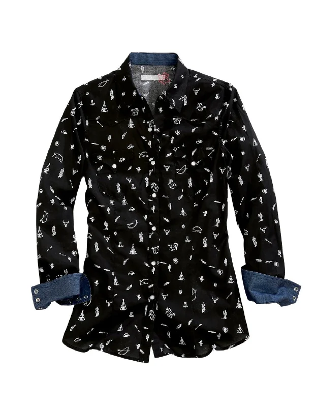 Tin Haul Womens Black 100% Cotton Western Ditsy L/S Shirt Fleece Nylon Spandex