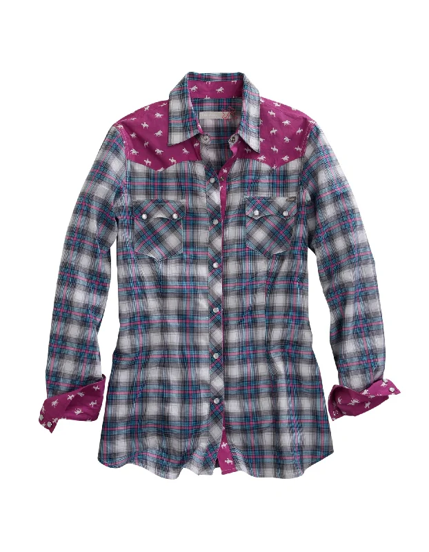Tin Haul Womens Blue/Purple 100% Cotton Star Ombre Plaid L/S Shirt Zippered Buttoned Snapped Tin Haul Womens Blue/Purple 100% Cotton Star Ombre Plaid L/S Shirt Zippered Buttoned Snapped