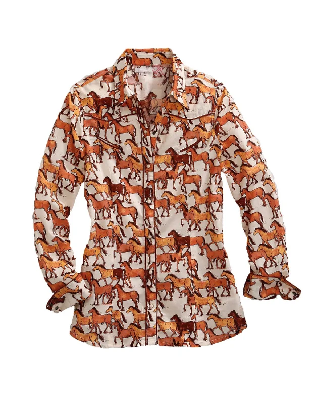 Tin Haul Womens Brown 100% Cotton Courses of Horses L/S Shirt Solid Print Embellished Tin Haul Womens Brown 100% Cotton Courses of Horses L/S Shirt Solid Print Embellished