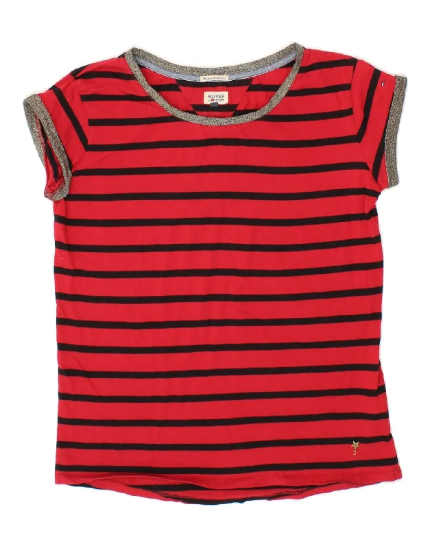 TOMMY HILFIGER Womens T-Shirt Top UK 6 XS Red Striped Cotton Striped Floral Plaid