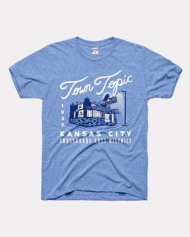 Town Topic Crossroads Night Vintage Blue T-Shirt Notch Collar Peter Pan Collar Cowl Neck