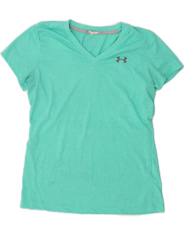 UNDER ARMOUR Womens T-Shirt Top UK 10 Small Turquoise Polyester Lace Blend Ribbed Blend Corduroy Blend