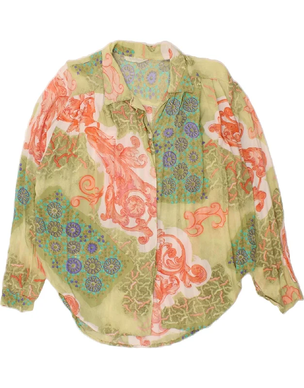 VINTAGE Womens Shirt UK 16 Large Green Floral Welt Pockets Slit Pockets