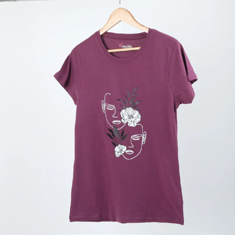 Women's Printed Half Sleeves T-Shirt - Purple Front Pockets Side Pockets Patch Pockets