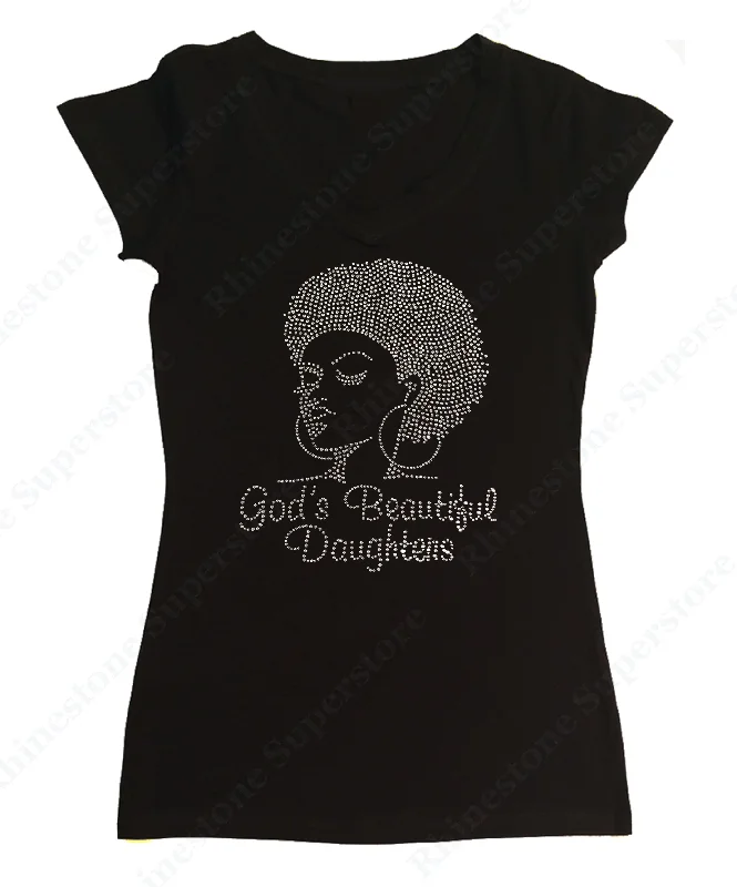 Womens T-shirt with Afro Girl with God's Beautiful Daughters in Rhinestones Hooded Caped Shawl Collar Womens T-shirt with Afro Girl with God's Beautiful Daughters in Rhinestones Hooded Caped Shawl Collar