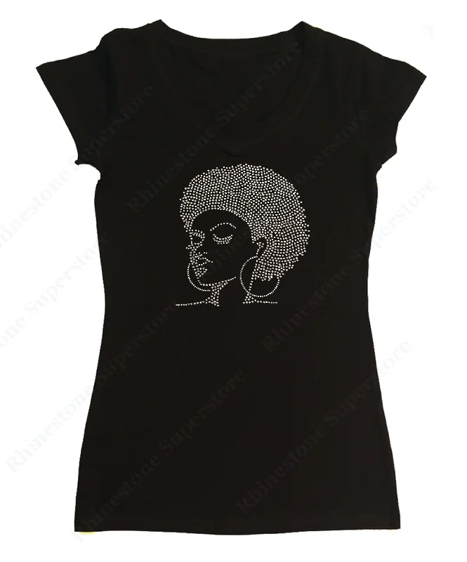 Womens T-shirt with Afro Girl with Hoop Earrings in Rhinestones Graphic T-Shirt Round Neck Polyester
