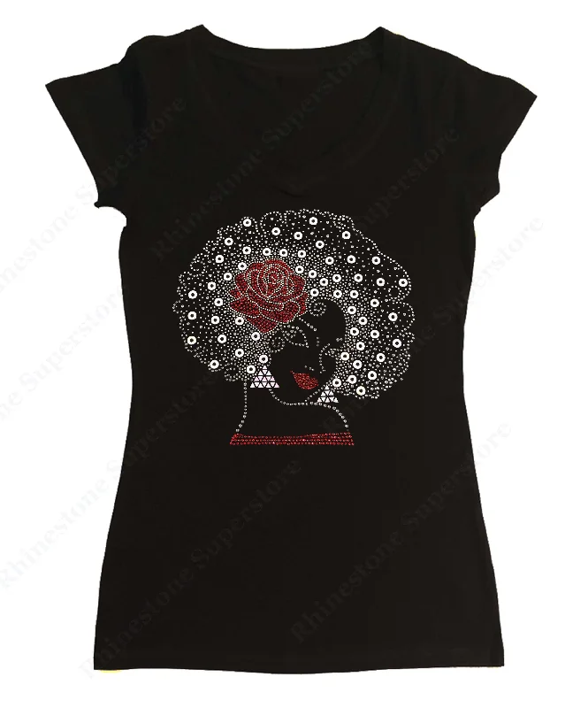Womens T-shirt with Afro Girl with Red Rose in Rhinestones Ribbed Striped Patterned