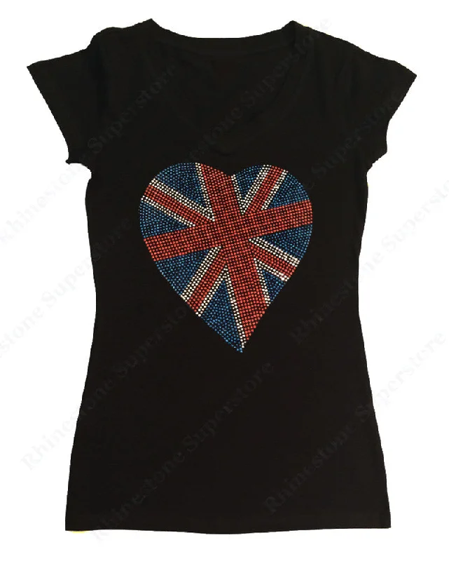 Womens T-shirt with British Flag Heart in Rhinestuds Spandex Blend Rayon Blend Denim Blend
