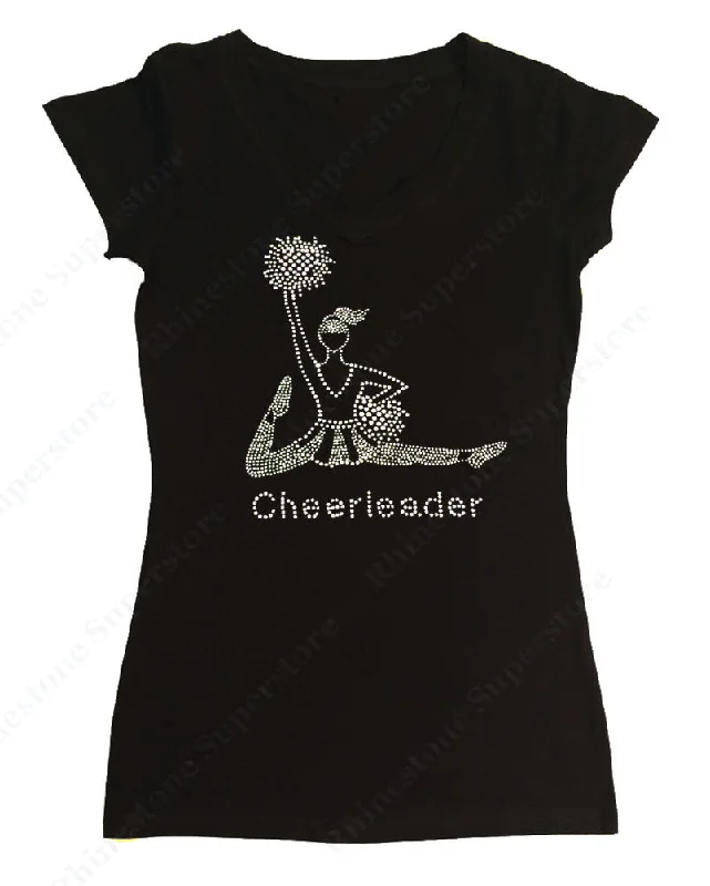 Womens T-shirt with Cheerleader with Pom Poms in Rhinestones Mesh Blend Leather Blend Suede Blend Womens T-shirt with Cheerleader with Pom Poms in Rhinestones Mesh Blend Leather Blend Suede Blend