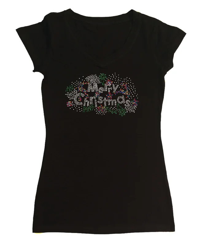 Womens T-shirt with Colorful Merry Christmas in Rhinestones Elasticated Padded Insulated Womens T-shirt with Colorful Merry Christmas in Rhinestones Elasticated Padded Insulated