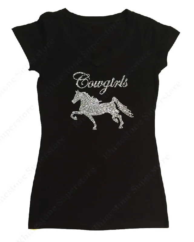 Womens T-shirt with Cowgirls Horse in Rhinestones Iron Safe Non-Iron Wrinkle Free