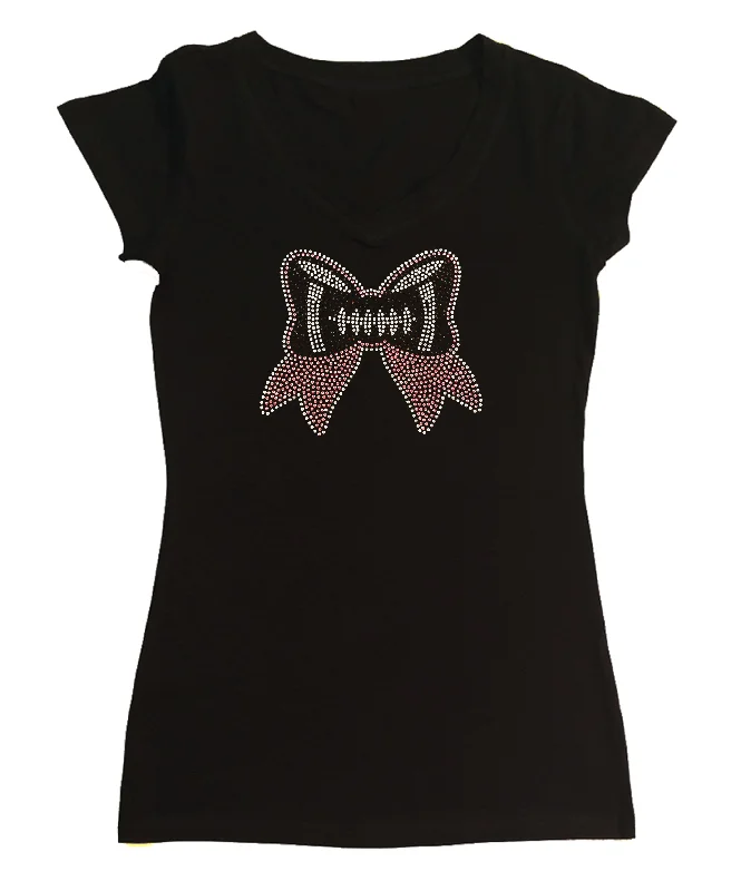 Womens T-shirt with Football Pink Ribbon in Rhinestones Solid Print Embellished