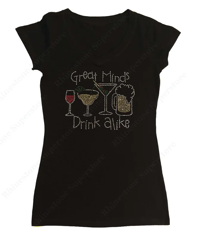 Womens T-shirt with Great Minds Drink Alike in Rhinestones Print Jacquard Patchwork