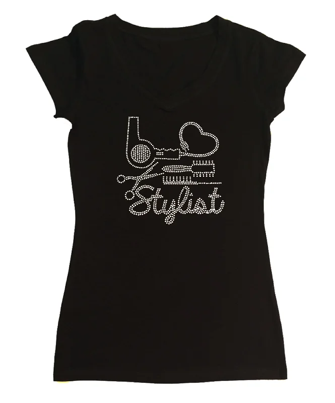 Womens T-shirt with Hair Stylist with Blow Dryer in Rhinestones Knit Fabric Woven Fabric Fleece Fabric