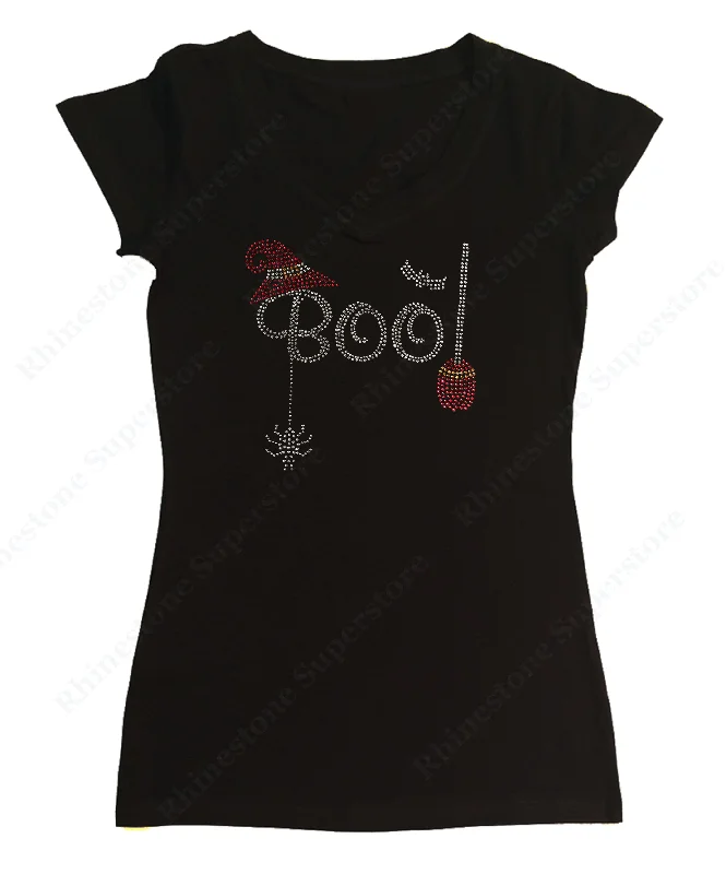 Womens T-shirt with Halloween Boo with Broom in Rhinestones Print Jacquard Patchwork Womens T-shirt with Halloween Boo with Broom in Rhinestones Print Jacquard Patchwork