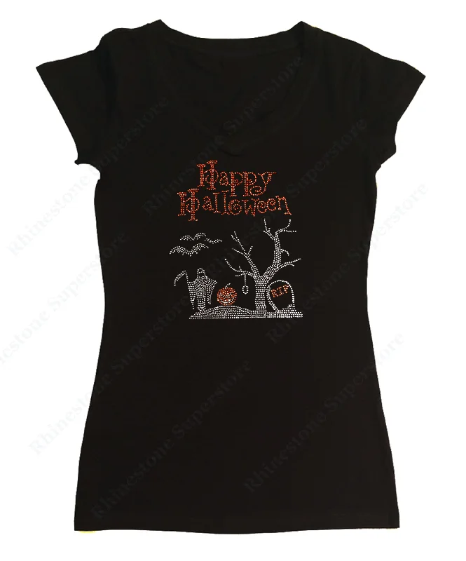 Womens T-shirt with Happy Halloween Graveyard Scene in Rhinestones Lace Blend Ribbed Blend Corduroy Blend Womens T-shirt with Happy Halloween Graveyard Scene in Rhinestones Lace Blend Ribbed Blend Corduroy Blend