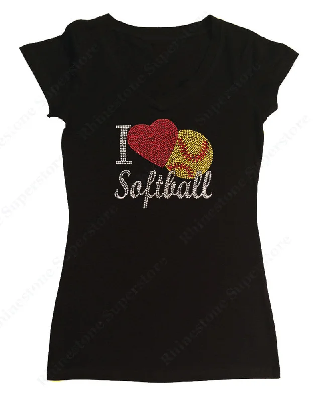 Womens T-shirt with I Love Softball in Rhinestones Layered Multi-layer Single Layer