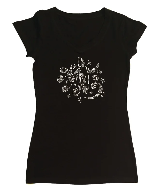 Womens T-shirt with Music Notes and Stars in Rhinestones Chenille Brocade Lace