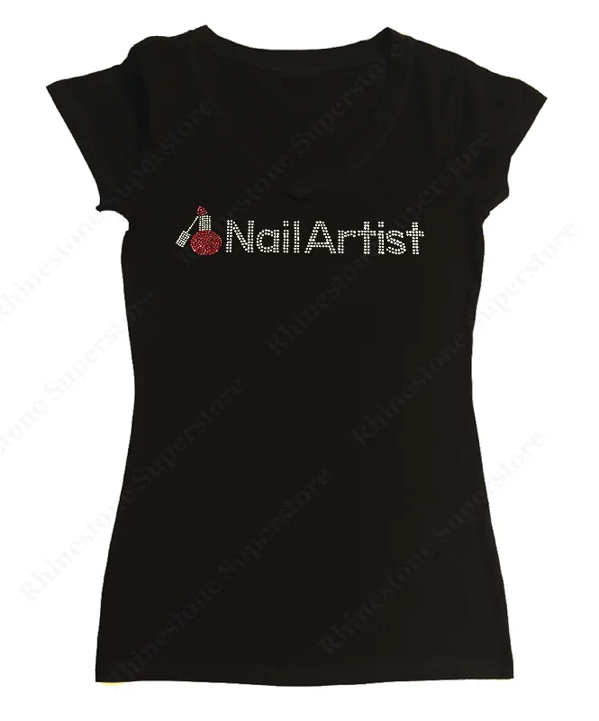 Womens T-shirt with Nail Artist with Nail Polish Bottle in Rhinestones Zippered Front Buttoned Front Snap Front Womens T-shirt with Nail Artist with Nail Polish Bottle in Rhinestones Zippered Front Buttoned Front Snap Front