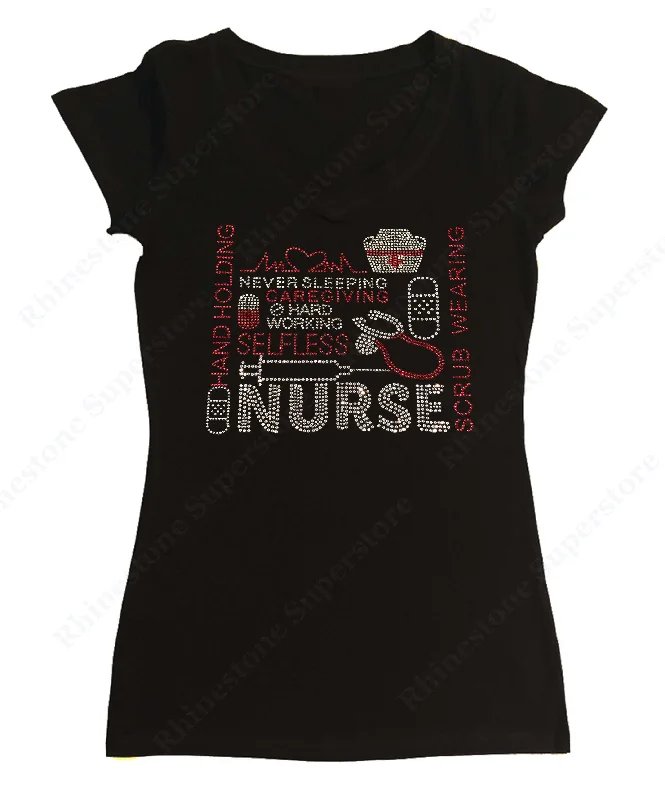 Womens T-shirt with Nurse in Rhinestones Thin T-Shirt Open Front Quick Dry
