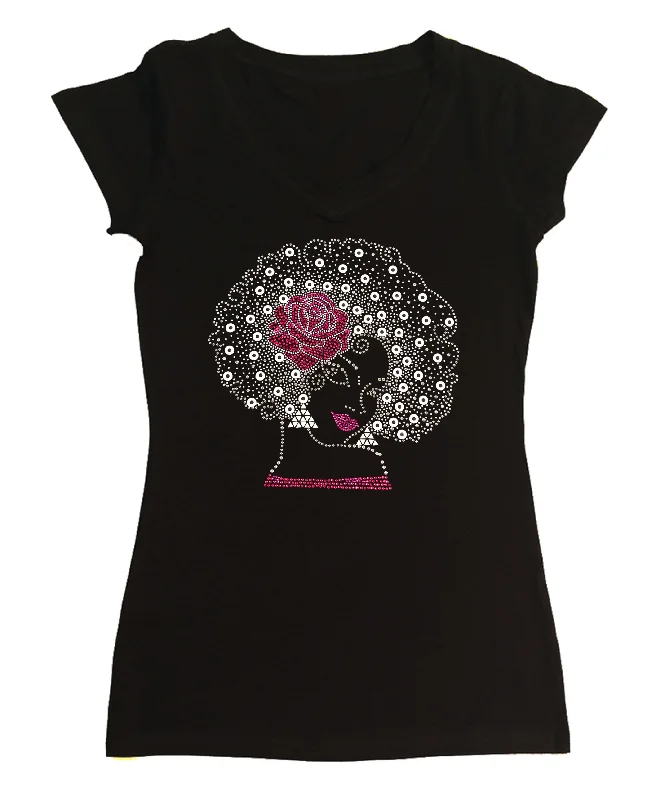Womens T-shirt with Pink Flower Afro Girl in Rhinestones Collared T-Shirt Boat Neck A-Line