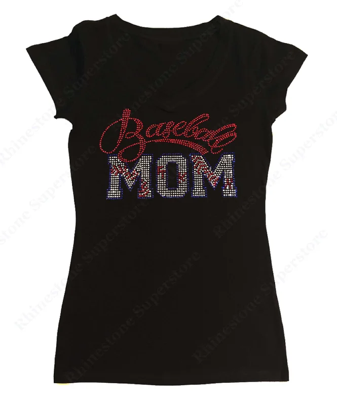 Womens T-shirt with Red Baseball Mom in Rhinestones Notch Collar Peter Pan Collar Cowl Neck