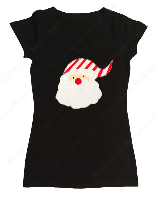 Womens T-shirt with Santa with Candy Cane Hat in Puff Material Patch Knit Fabric Woven Fabric Fleece Fabric Womens T-shirt with Santa with Candy Cane Hat in Puff Material Patch Knit Fabric Woven Fabric Fleece Fabric