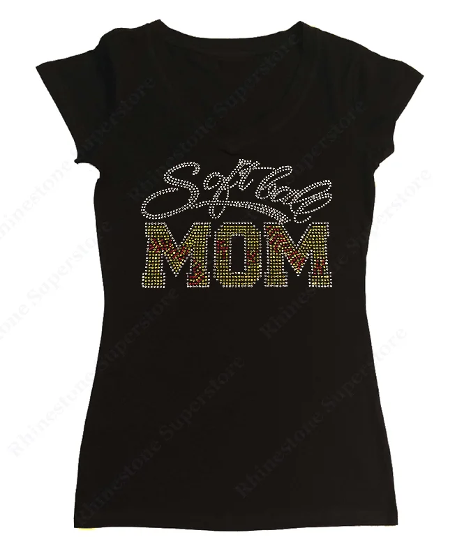 Womens T-shirt with Script Softball Mom in Rhinestones Anti-Shrink Durable Soft
