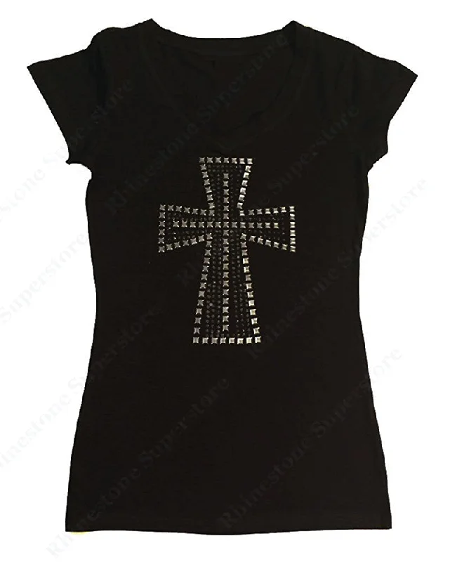 Womens T-shirt with Silver Cross in Rhinestones Terry Blend Velvet Blend Canvas Blend Womens T-shirt with Silver Cross in Rhinestones Terry Blend Velvet Blend Canvas Blend