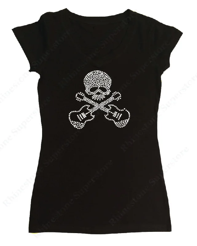 Womens T-shirt with Skull with Guitars in Rhinestones Nylon Fabric Polyester Fabric Spandex Fabric Womens T-shirt with Skull with Guitars in Rhinestones Nylon Fabric Polyester Fabric Spandex Fabric