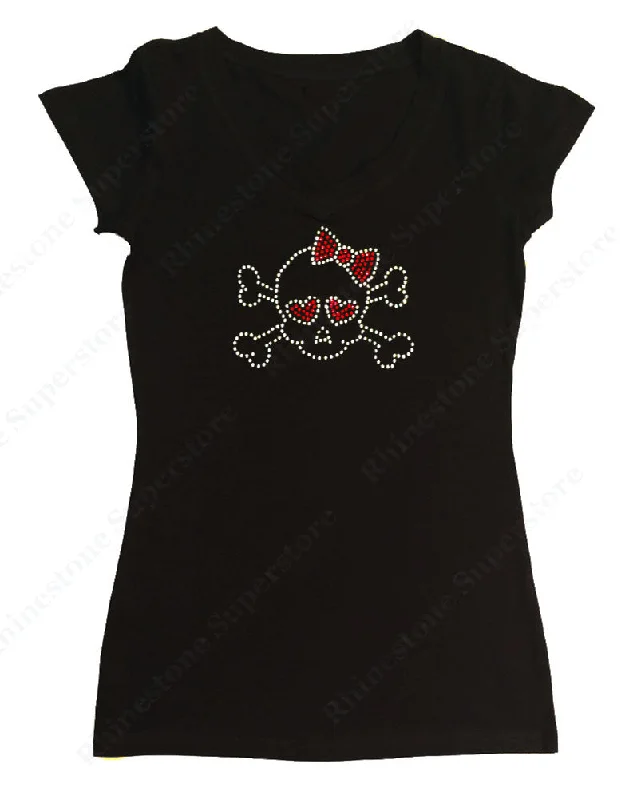 Womens T-shirt with Skull with Red Bow and Eyes in Rhinestones Knit Fabric Woven Fabric Fleece Fabric Womens T-shirt with Skull with Red Bow and Eyes in Rhinestones Knit Fabric Woven Fabric Fleece Fabric
