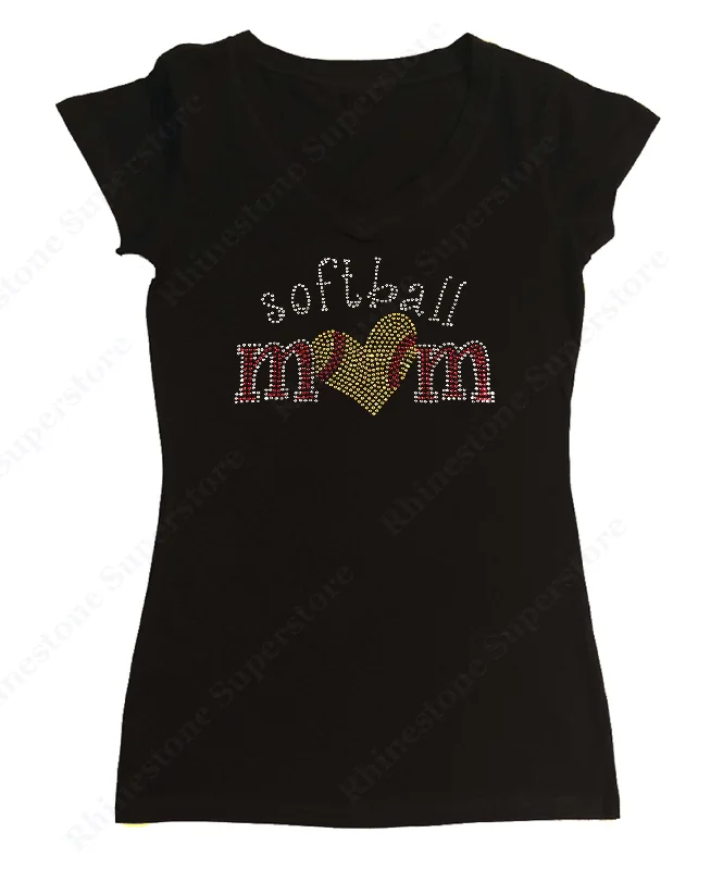 Womens T-shirt with Softball Mom with Heart in Rhinestones Cashmere Blend Cotton Blend Poly Blend Womens T-shirt with Softball Mom with Heart in Rhinestones Cashmere Blend Cotton Blend Poly Blend