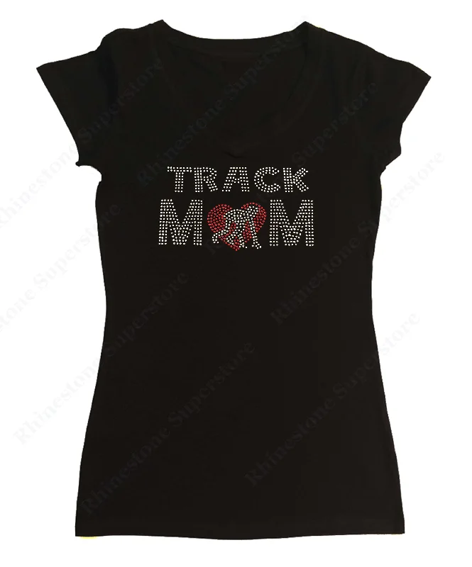 Womens T-shirt with Track Mom with Heart in Rhinestones Modern Contemporary Chic