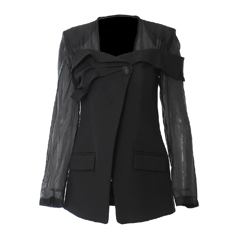 Asymmetric Sheer Mesh Square Neck Long Sleeve One Button Ruffle Blazer Women's Premium Blazer