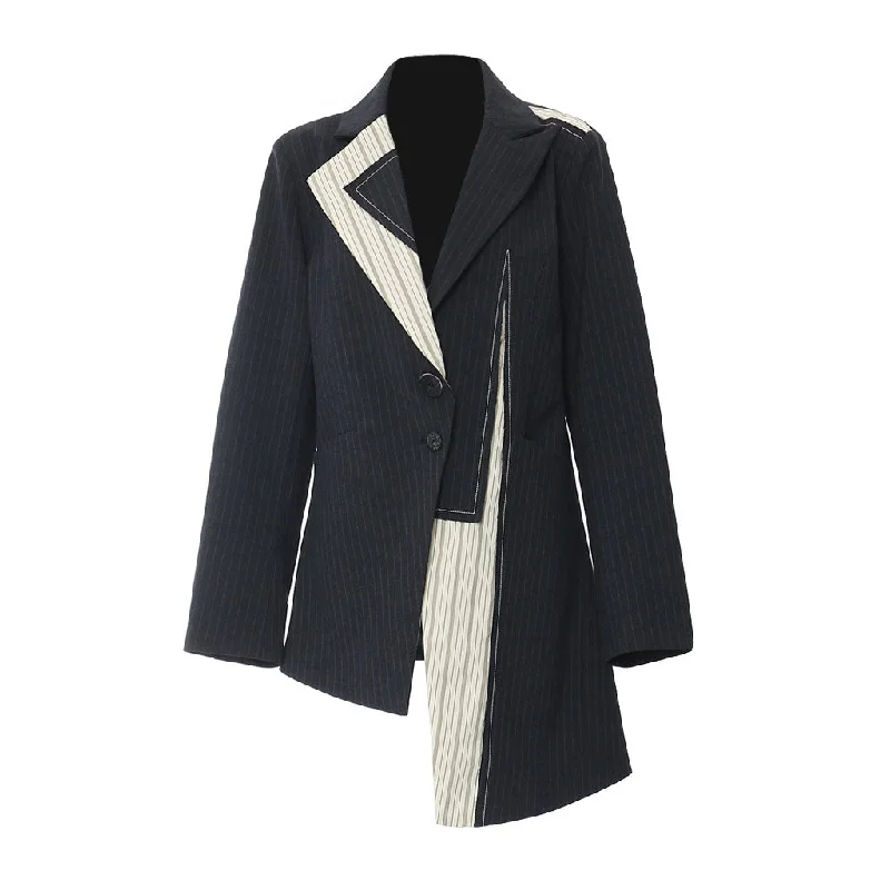 Asymmetrical Contrast Hybrid Lapel Two Button Long Sleeve Pinstripe Blazer Women's Luxurious Suit