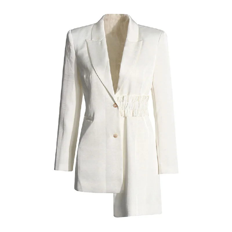 Asymmetrical Lapel Strong Shoulder Two Button Gathered Waist Blazer Women's Boutique Jacket