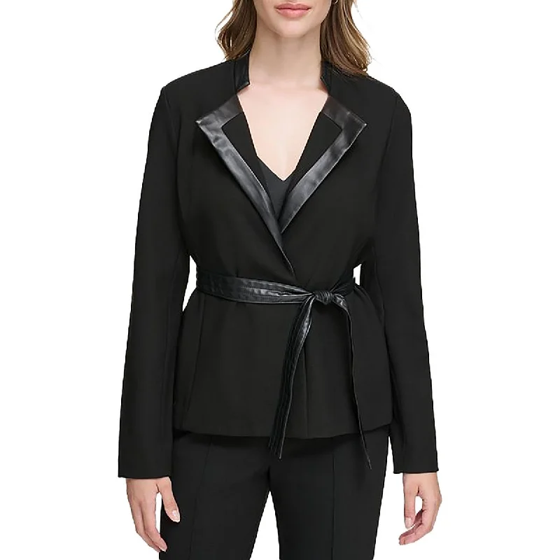 Calvin Klein Womens Knit Faux Leather Trim Open-Front Blazer Women's Trendy Blazer