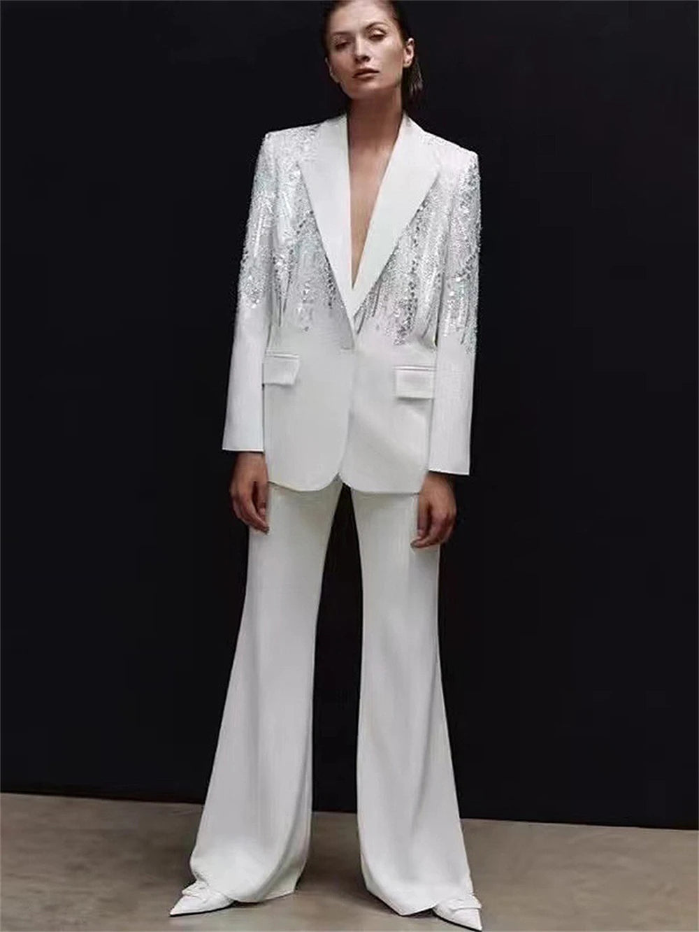 Celebrity Sequined Suit Set for Women Single Button Long Sleeves Suits Formal Fashion Tuxedo Blazer Pants Set Women's Premium Blazer