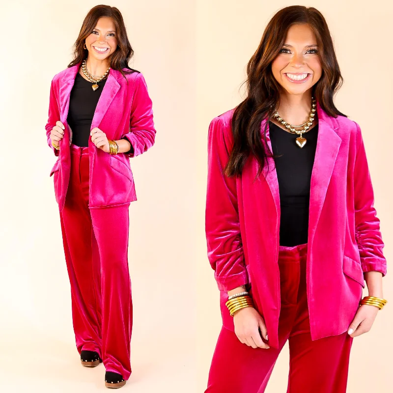 Chic Arrival 3/4 Sleeve Velvet Blazer in Fuchsia Pink Women's Classic Suit