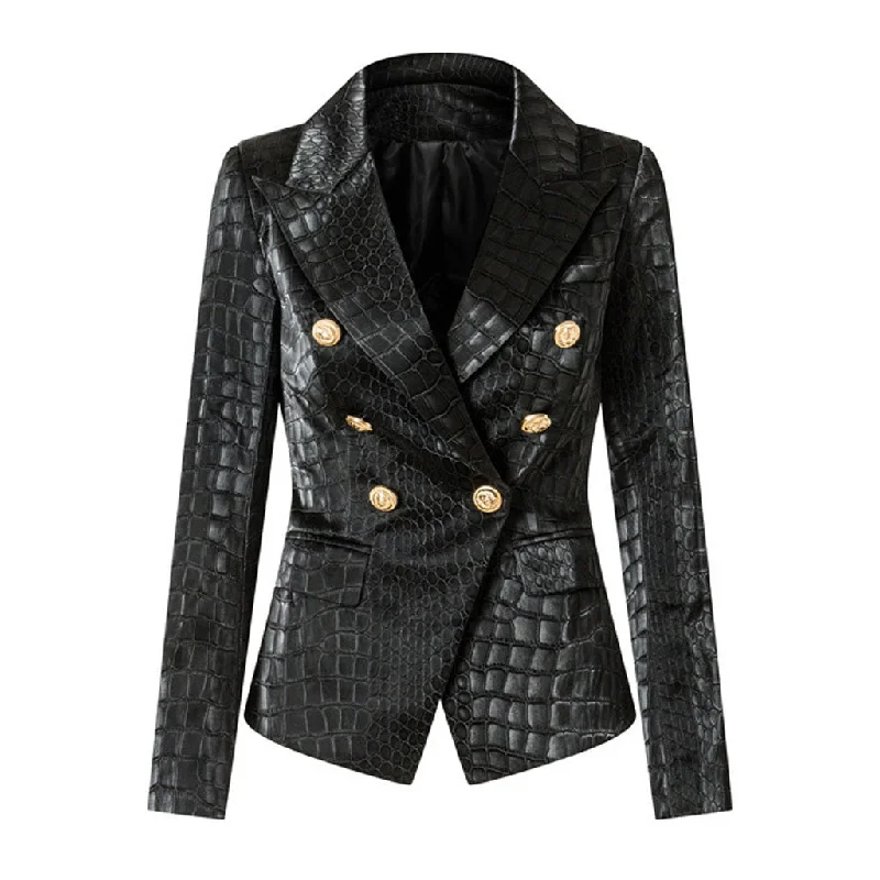 Cool Faux Croc Effect Leather Peak Lapel Double Breasted Tailored Blazer Women's Wedding Blazer