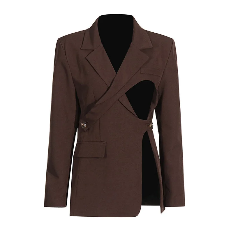 Deconstructed Buttoned Wrap Notch Lapel Padded Long Sleeve Cutout Blazer Women's Solid Blazer