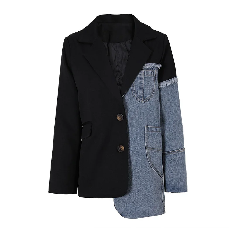 Deconstructed Lapel Long Sleeve Single Breasted Frayed Denim Hybrid Blazer Women's Custom Jacket