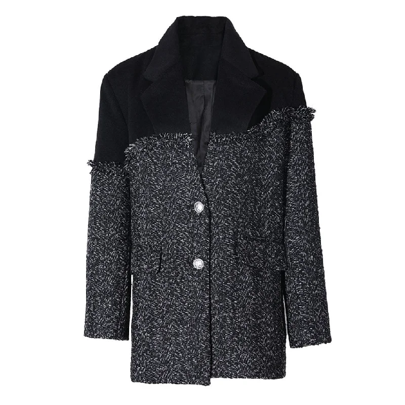 Deconstructed Lapel Single Breasted Oversized Frayed Tweed Hybrid Blazer Women's Trendy Jacket