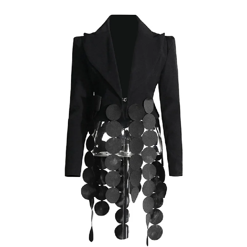 Distinctive Lapel Strong Shoulder Cinch Waist Laser Cut Circle Fringe Blazer Women's High-End Blazer